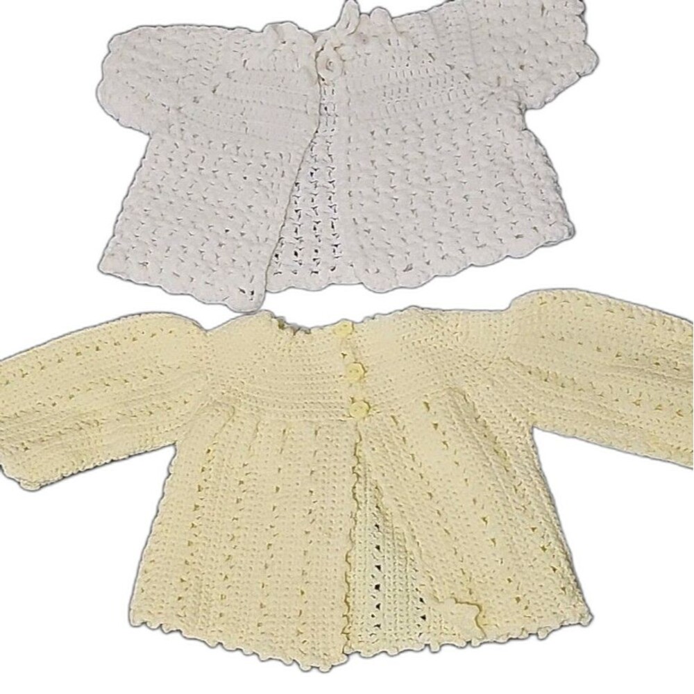 Two Handmade Knitted Baby Or Doll Matinee Coats Sweaters Vintage